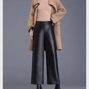 Lucrosun Elegant Black Elastic Waist Wide-Leg Faux Leather Pants